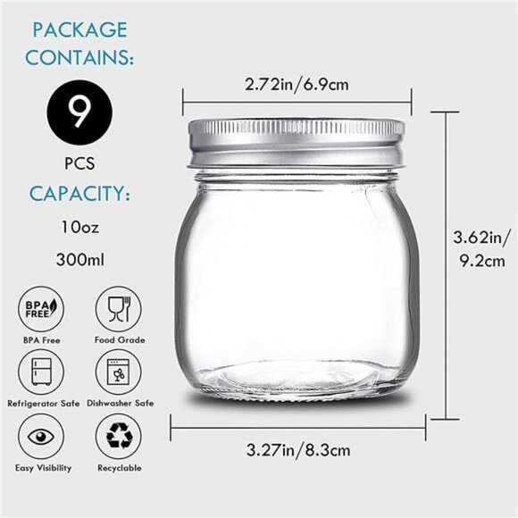 9 Pack Wide Mouth Mason Jars 10oz Glass Canning Jars with Airtight Lids and Band - Picture 2 of 6
